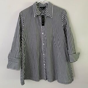 Tracy M. Large Black/White Stripe Cotton Blend 3/4 Slv. Button Front Tunic NWT